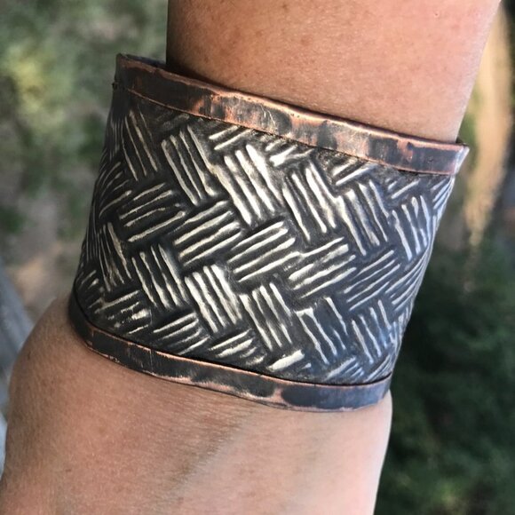 Woven Weave Embossed Sterling Silver 925 Copper Cuff Wide Rustic Handmade - Picture 1 of 13